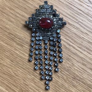 Rhinestone, Red Stone, & Gold Metal Brooch